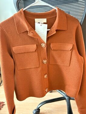 Sezane Rust Button-Down Pocket Knit Top